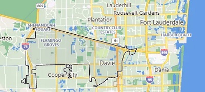 A screenshot of a map showing Davie, Florida southwest of Fort Lauderdale.
