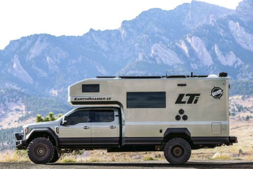 A picture of the Earth Roamer LTI with a mountain backdrop