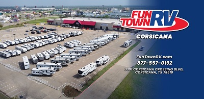 A picture of Fun Town RV Corsicana with contact information overlay: phone 877557-0192