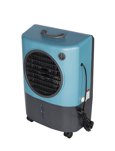 A picture of the Hessaire MC8MT turquoise evaporative air cooler