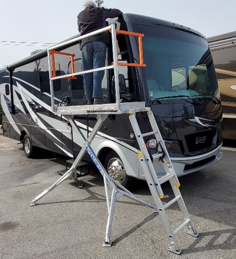 A picture of Joe Scaffold 2.0, an aluminum platform, with a Type A RV