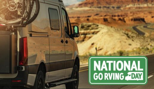 A picture of an RV on the road with an overlay of a sign that says National Go RVing Day