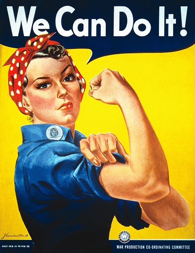 A picture of the Rosie the Riveter poster with the words "We Can Do It!" in a bubble over her head