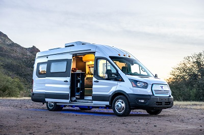 A picture of the WInnebago eRV with the door open