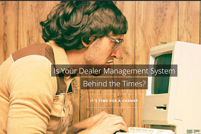 A picture of a Dealer Rock graphic of a man sitting at outdated computer with words overlaying the picture