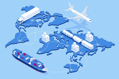 A picture of a graphical representation of a worldwide supply chain with a map overlain with a plane, truck, train and ship