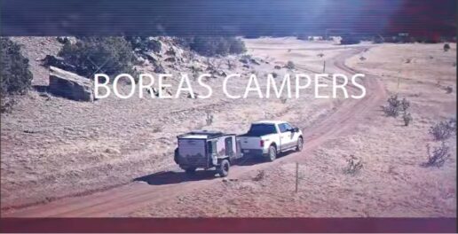 A picture of a truck towing a Boreas Campers XT model from the manufacturer's walk through video.