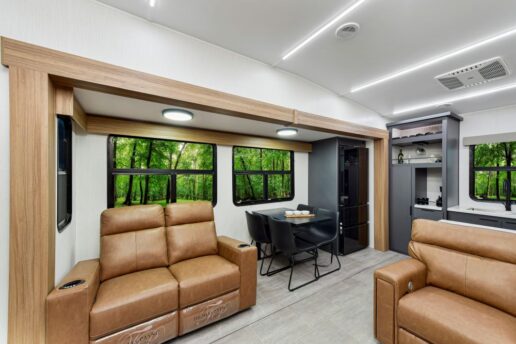 A picture of the living room in Heartland's Corterra 3.7 fifth wheel.