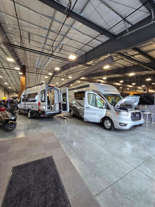 A picture of motorhomes inside Dennis Dillon RV, Boise, Idaho.