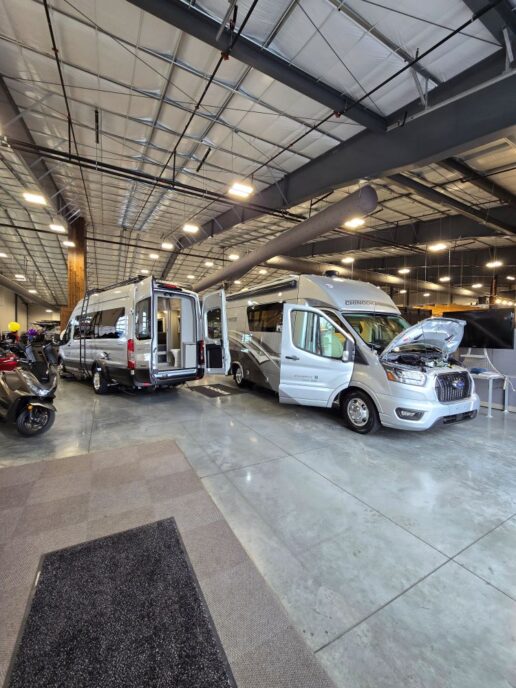 A picture of motorhomes inside Dennis Dillon RV, Boise, Idaho.
