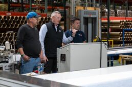 A picture of the Dometic Team overseeing production at the supplier's awning manufacturing facility in Elkhart, Indiana. (L to R) Dometic's Steve Ciesiolka, Dometic Segment Land Vehicle Americas President Todd Seyfert, Solar Edge's Marco Barfucci.