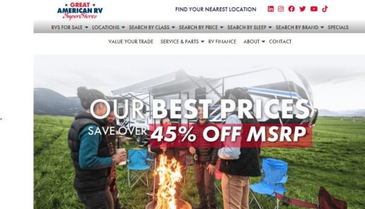 A screenshot of Great American RV SuperStores new website