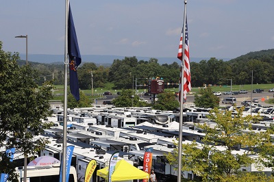 A picture of RVs lined up in lot at the Hershey America's Largest RV Show in Pennsylvania