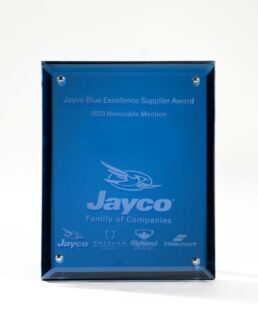A picture of the Jayco Blue Excellence Supplier Award 2023 honorable mention plaque.