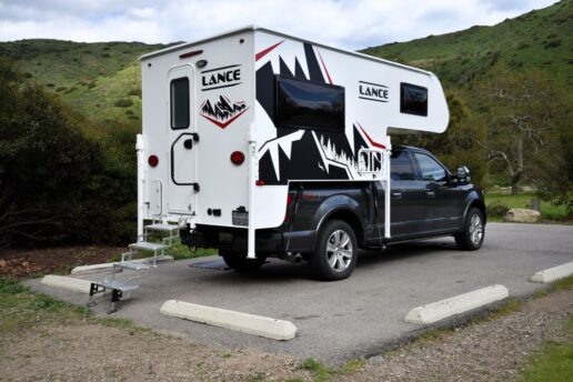 A picture of the back of the Lance 805 truck camper.