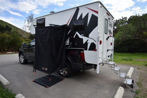 A picture of the Lance 805 truck camper's exterior shower.