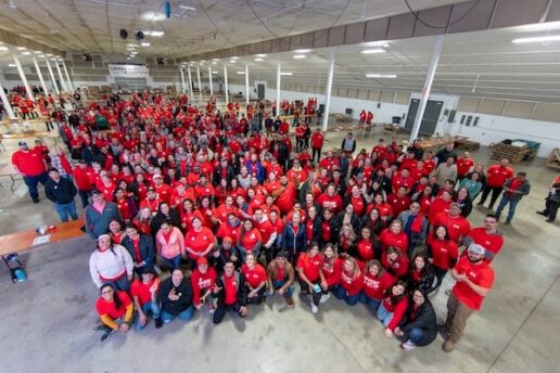 A picture of Lippert volunteers at the Volunteer Week Pack-Out event at Elkhart County Fairgrounds.