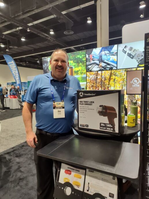 A picture of Southwire National Sales Manager Michael Conway with the 50 Amp Twist-Lock Flex Cordset.