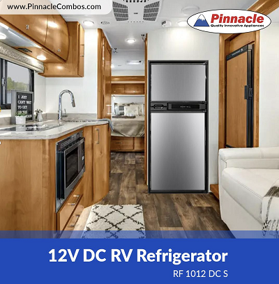 A picture of Pinnacle Appliances' new 12-volt RV refrigerator installed in an RV
