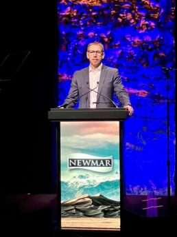 A picture of Newmar Vice President of Marketin Ryan Buurstra introduced himself to dealers at the 2024 Newmar dealer meeting.