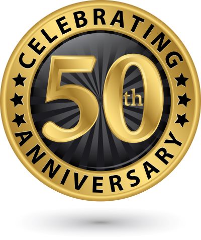 A picture of a 50th anniversary celebration graphic in gold and black