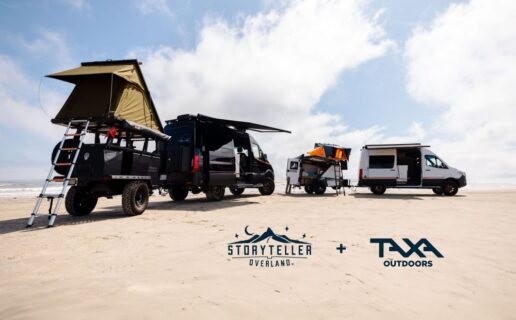 A picture of Taxa Outdoor RVs with a Storyteller Overland motorhomes.