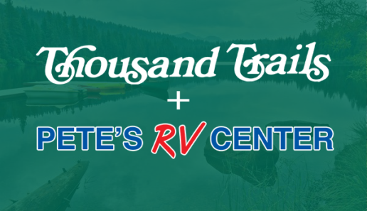 A picture of the logo marking the partnership between Pete's RV Center and Thousand Trails campground.