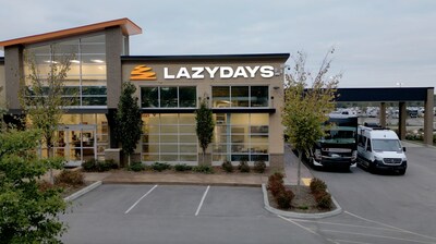 A picture of a Lazydays storefront in Nashville, Tennessee with a rebranded logo.