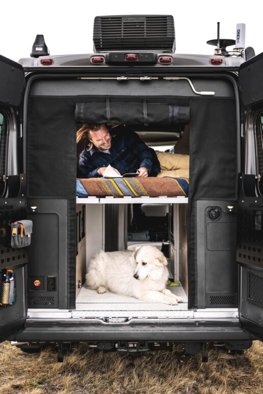 A picture of an Airstream B Van Rangeline with an owner and dog