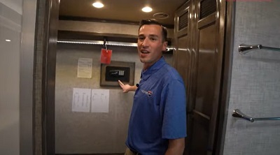 A screenshot of Colton RV's Brennan Carey walking viewers through the Tiffin Motorhomes display at Hershey America's Largest RV Show