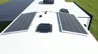 A picture of a Heartland RV roof featuring solar panels as part of Heartland's Sol Powered By The Sun standard packages