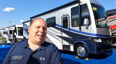 A screenshot of a tour of the 2023 Newmar BayStar motorhome at Hershey America's Largest RV Show