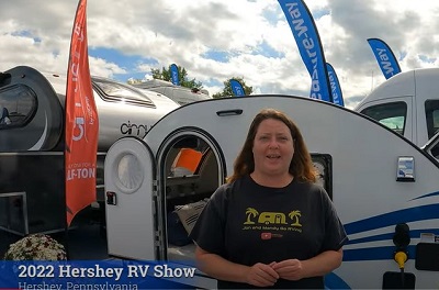 A screenshot of a tour of NuCamp's 2023 Tab and Tag teardrops at Hershey America's Largest RV Show