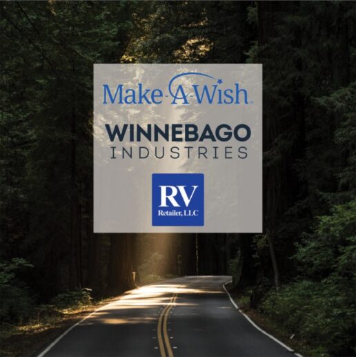An image featuring logos of Winnebago Industries, RV Retailer and Make-A-Wish