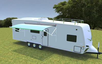 A picture of an RV Rendering with a blue awning