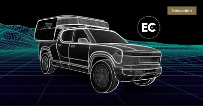 A picture of a white on black sketch of an EarthCruiser truck camper in a schematic style