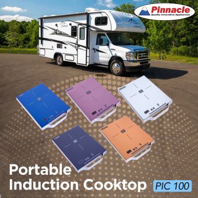 A picture of the Pinnacle single burner induction cooktop in a variety of colors with a motorhome in the background.