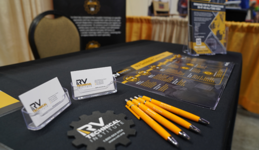 A picture of an RVTI trade show booth.