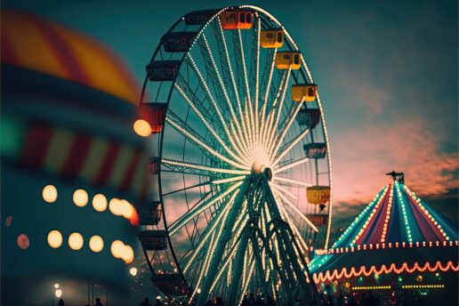 A picture of a Ferris Wheel at a fairgrounds at night