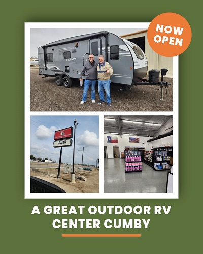 A picture of three photos on a flier depicting the A Great Outdoor RV Center of Cumby Texas Grand Opening