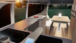 A picture of the interior of the Airstream Porche collaboration concept travel trailer.