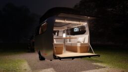 A picture of the rear hatch exterior of the Airstream Porche collaboration concept travel trailer.