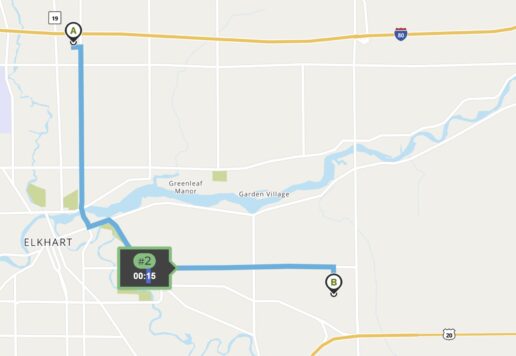 A picture of a map showing Airxcel's two warehouse locations in Elkhart, Indiana