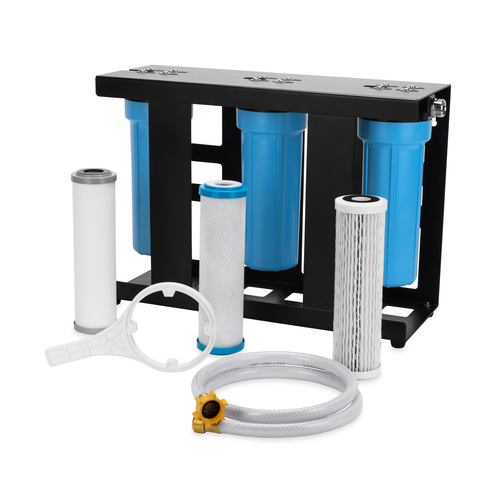 A picture of the EVO X3 Triple Stage RV Water Filter Kit with three filters and a stand