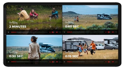 A picture of four Go RVing Live Your Wildhood campaign video screenshots on a horizontal phone