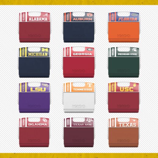 A picture of 12 Igloo playmate coolers in various collegiate team colors