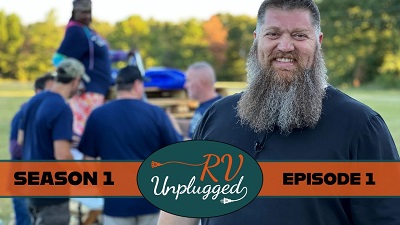 A picture of the splash screen for NRVTA's RV Unplugged Season 1 Episode 1 featuring a gentleman with a very large beard