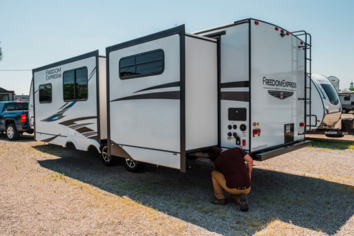 A picture of a Rec Nation rental group travel trailer