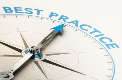 A picture of a compass with the needle pointing to the words "Best Practice" in teal type representing True North