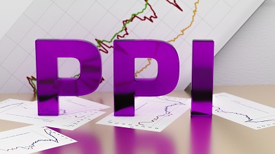 A picture of a purple "PPI" short for producer price index, in front of graphs and charts